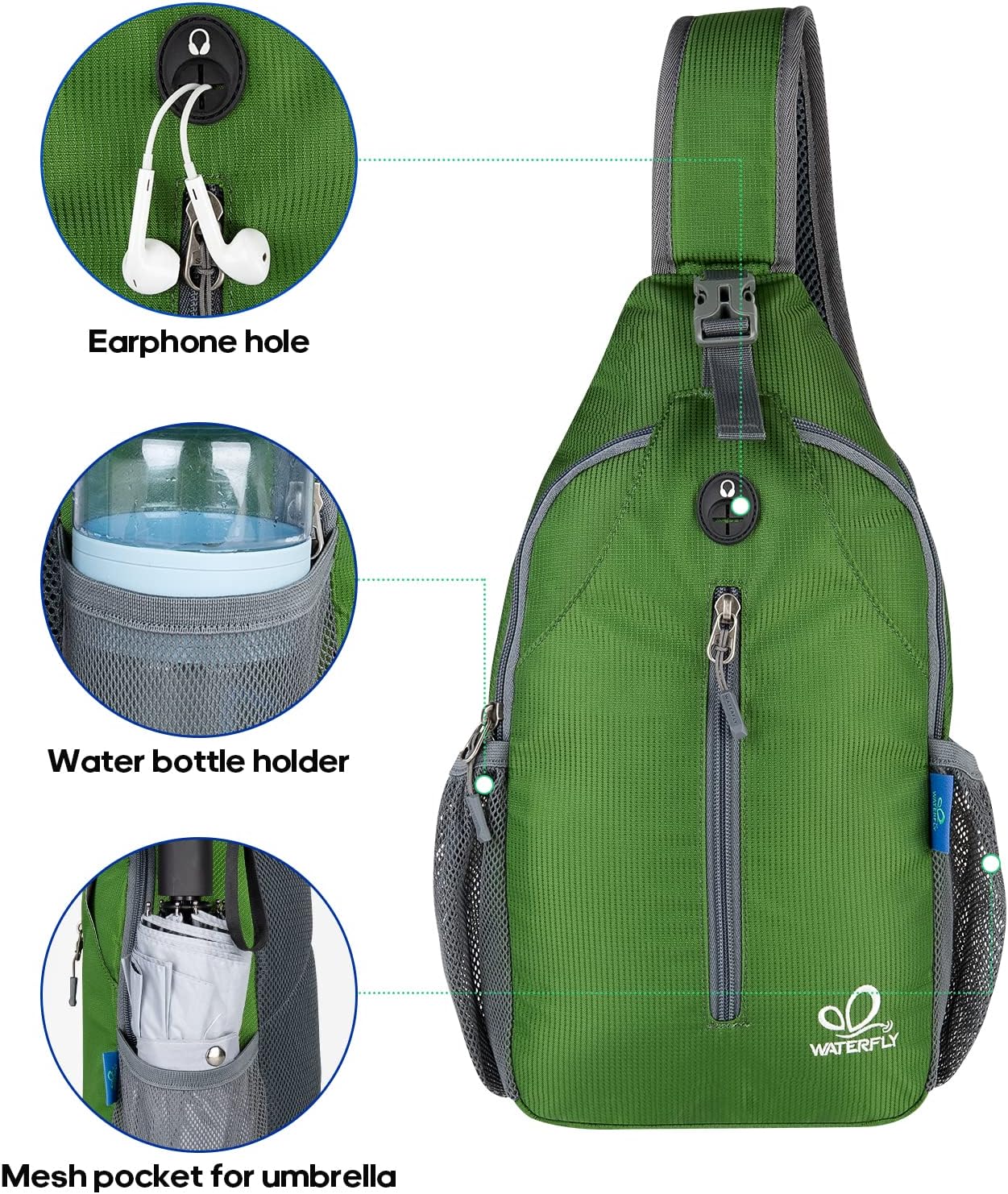 WATERFLY Crossbody Sling Backpack Sling Bag Travel Hiking Chest Bag Daypack (Black)