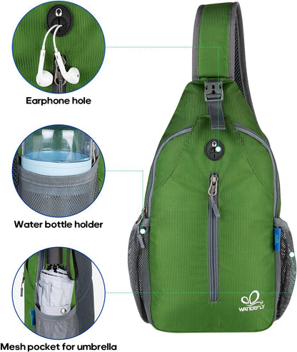 WATERFLY Crossbody Sling Backpack Sling Bag Travel Hiking Chest Bag Daypack (Black)