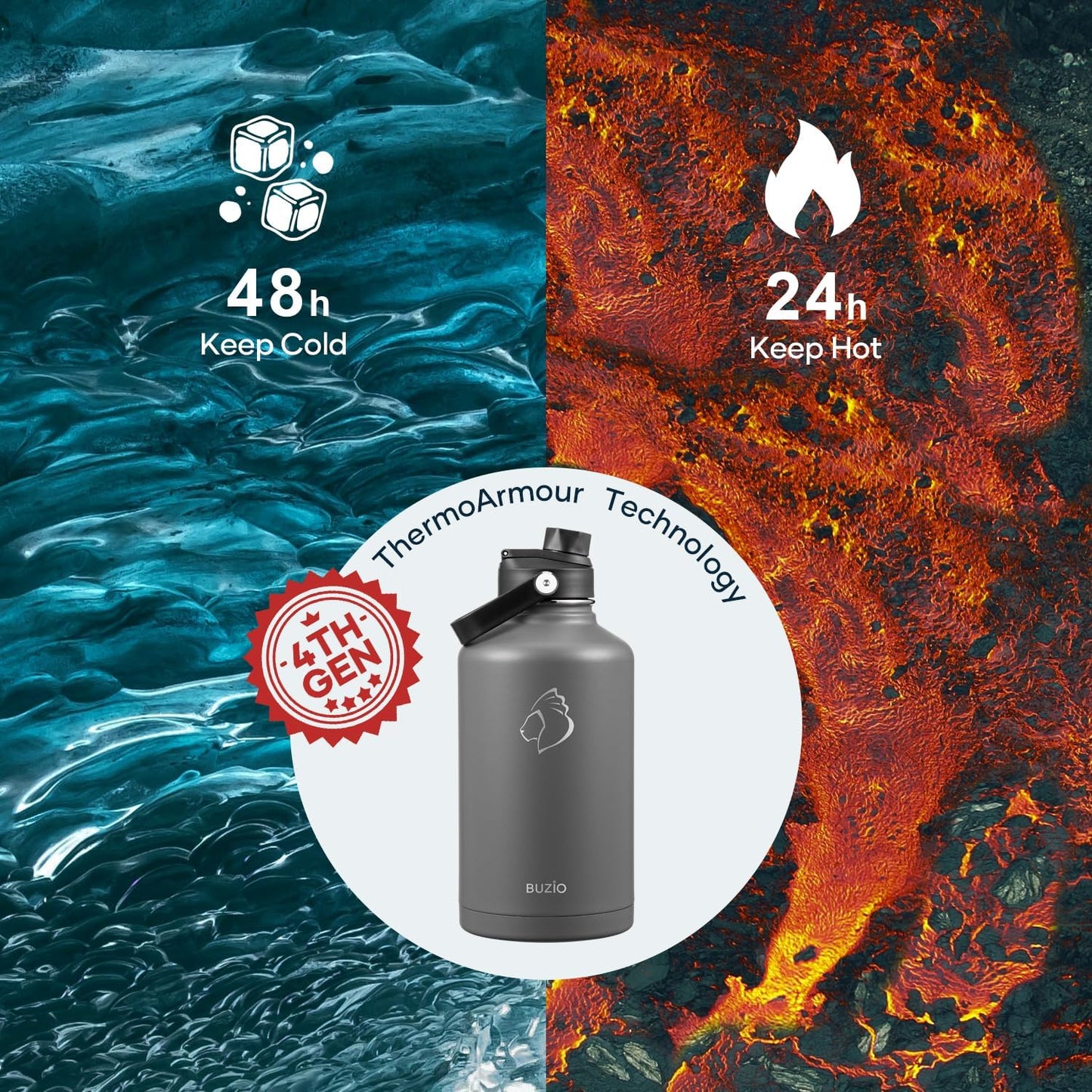 BUZIO 40oz Insulated Water Bottle, Triple Wall Vacuum Stainless Steel Water Flask with 2 lids, Lead-Free BPA-Free Straw Lid Sports Canteen Jug, Cold 48H & Hot 24H- Black - Colors A