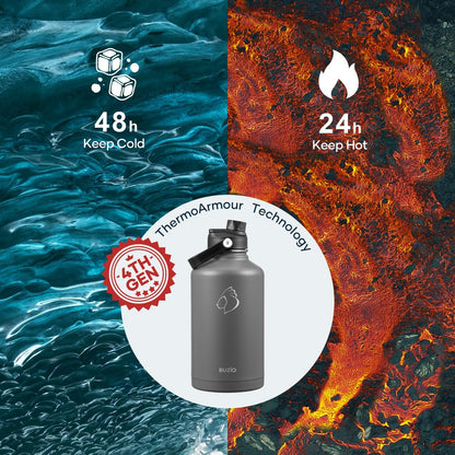 BUZIO 40oz Insulated Water Bottle, Triple Wall Vacuum Stainless Steel Water Flask with 2 lids, Lead-Free BPA-Free Straw Lid Sports Canteen Jug, Cold 48H & Hot 24H- Black - Colors A