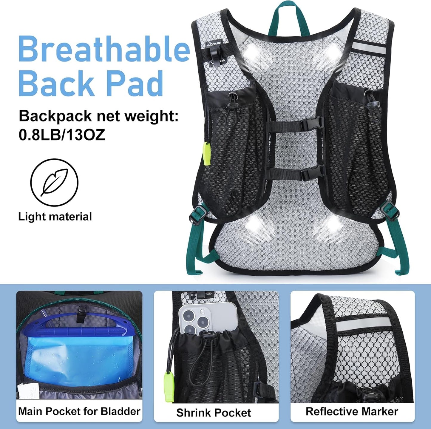 Lightweight Hydration Backpack, Running Backpack with 2L Water Bladder, Hydro Water Daypack for Cycling Hiking Rave for Men Women