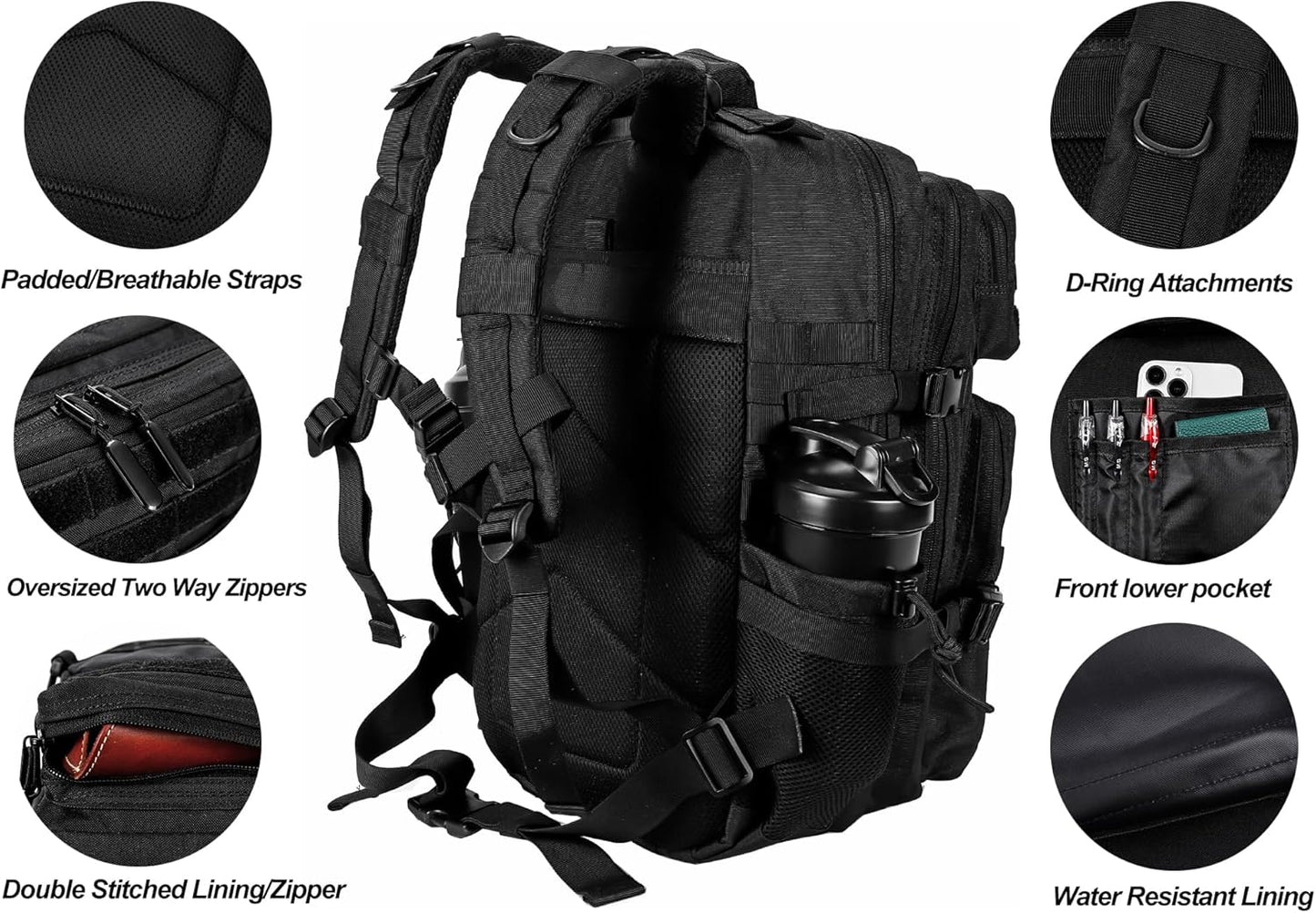 LHI Military Tactical Backpack for Men and Women 45L Army 3 Days Assault Pack Bag Large Rucksack with Molle System - Black - Colors A