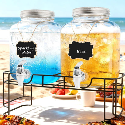 1 Gallon Glass Drink Dispensers For Parties-Set of 2,Drink Dispenser with Fruit Infuser & Stand,Juice or Beverage Dispenser for BBQ, Picnic, Party,Laundry Detergent Dispenser