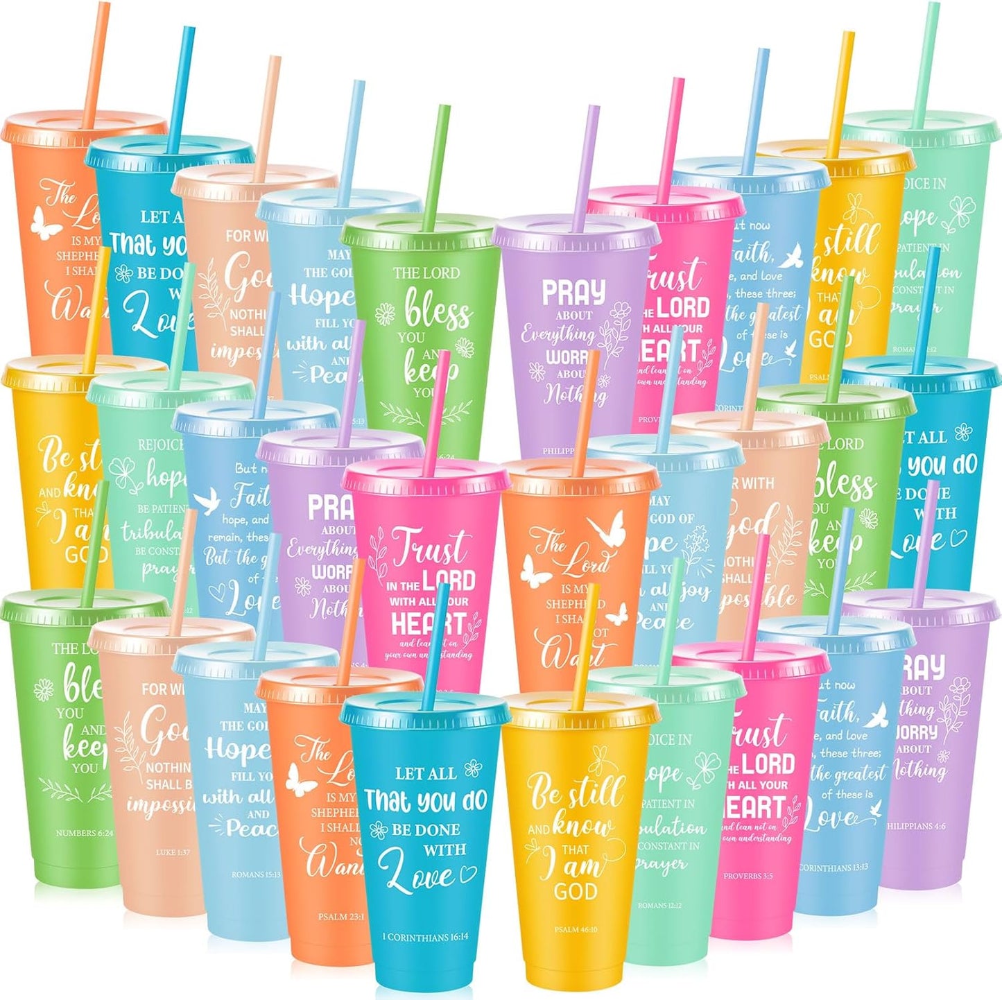 Uiifan 30 Pcs Christian Gifts Cups Bulk for Women, 24oz Bible Verse Christian Tumblers with Lids and Straw, Religious Church Gifts for Mother's Day (Fresh Color,Bible)