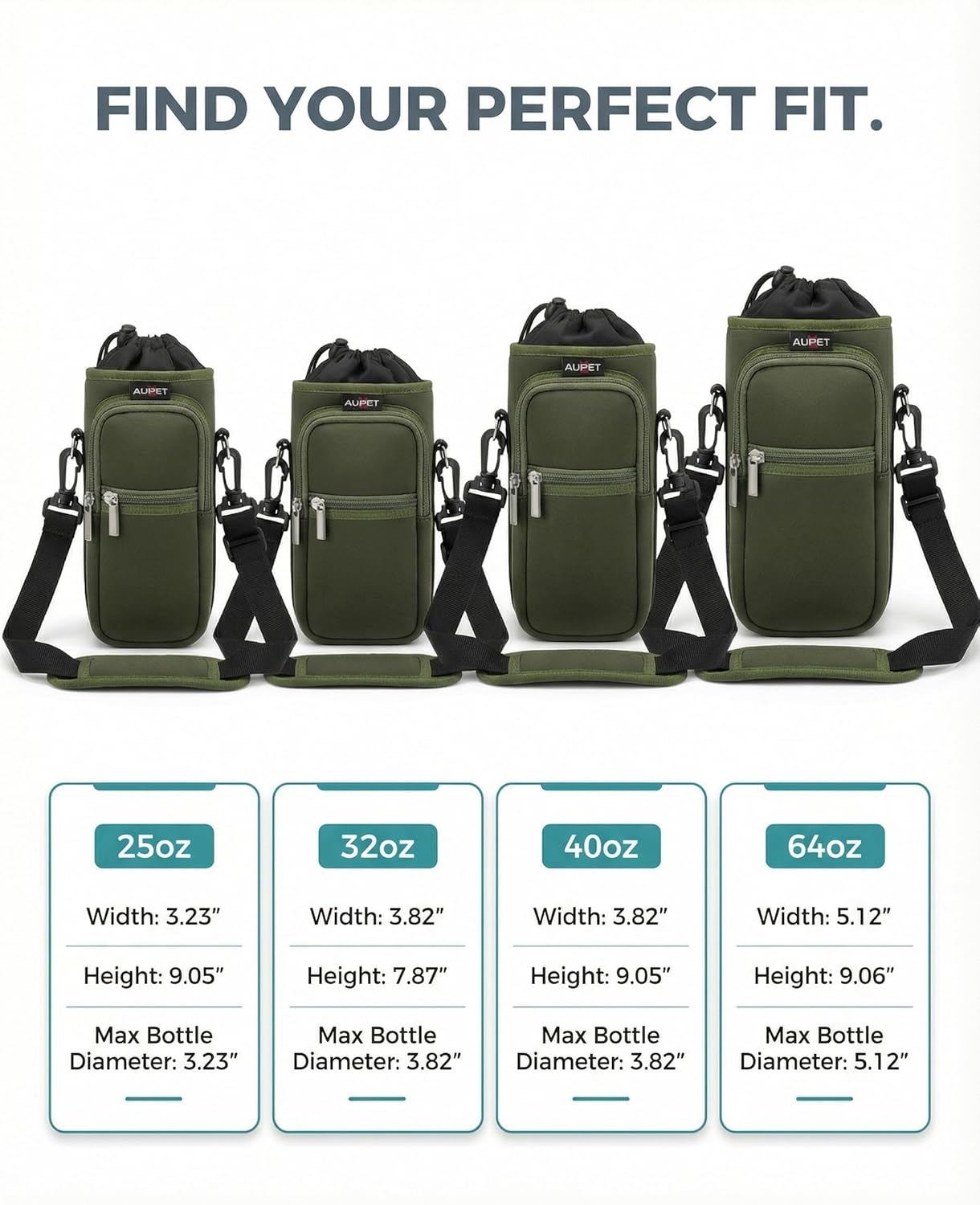 AUPET Water Bottle Sling Bag Sleeve Holder Carrier 25/32/40/64 oz,Insulated Crossbody Water Bottle Case Cover with Strap and Pockets for Men/Women Walking Hiking