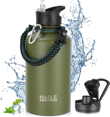 HASLE OUTFITTERS 32 oz Insulated Water Bottle Stainless Steel Double Walled Vacuum Sports Water Bottle with 2 Lids (Straw and Spout Lid) for Gym Camping Hiking(Black,1)