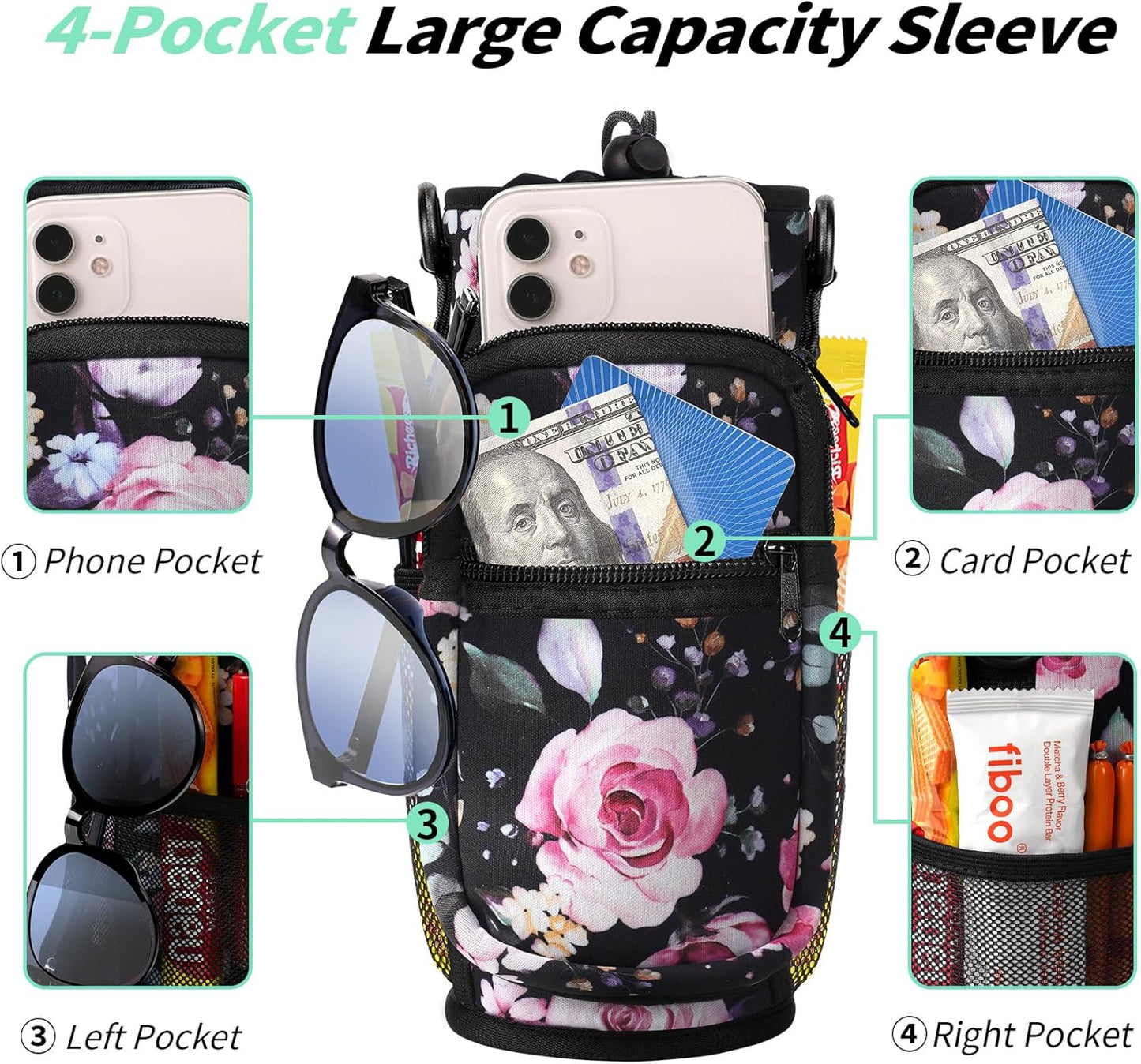 AceTreker 32/40/64/87/128 oz Water Bottle Carrier Bag, Neoprene Water Bottle Sleeve with 4 Pocket, Sport Water Holder with Paracord Handle and Shoulder Strap for Walking Hiking Camping Gym