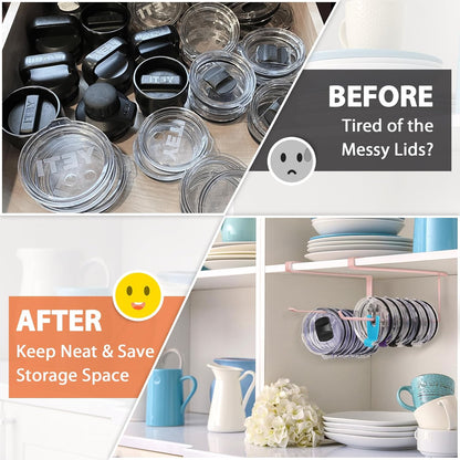 Tumbler Lid Organizer, Horizontal Tumbler Lid Storage Hook Up to 10 Lids, Space Saving Cup Lid Holders Under Cabinet Tumbler Lid Hook for Kitchen Organizer and Storage,Hanging Paper Towel Rack Hanger