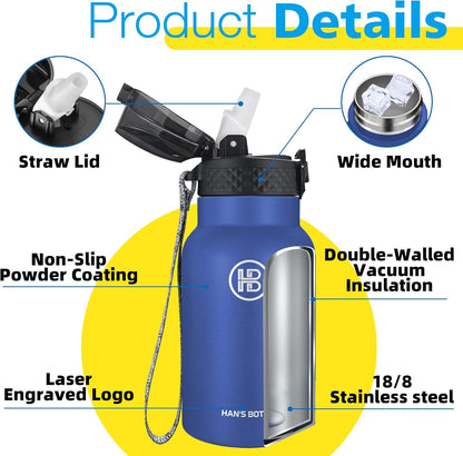 Han's Bottle Sports Water Bottle - 24 Oz, Straw Lid, Leak Proof, Vacuum Insulated Stainless Steel, Double Walled, Thermo Mug,Black