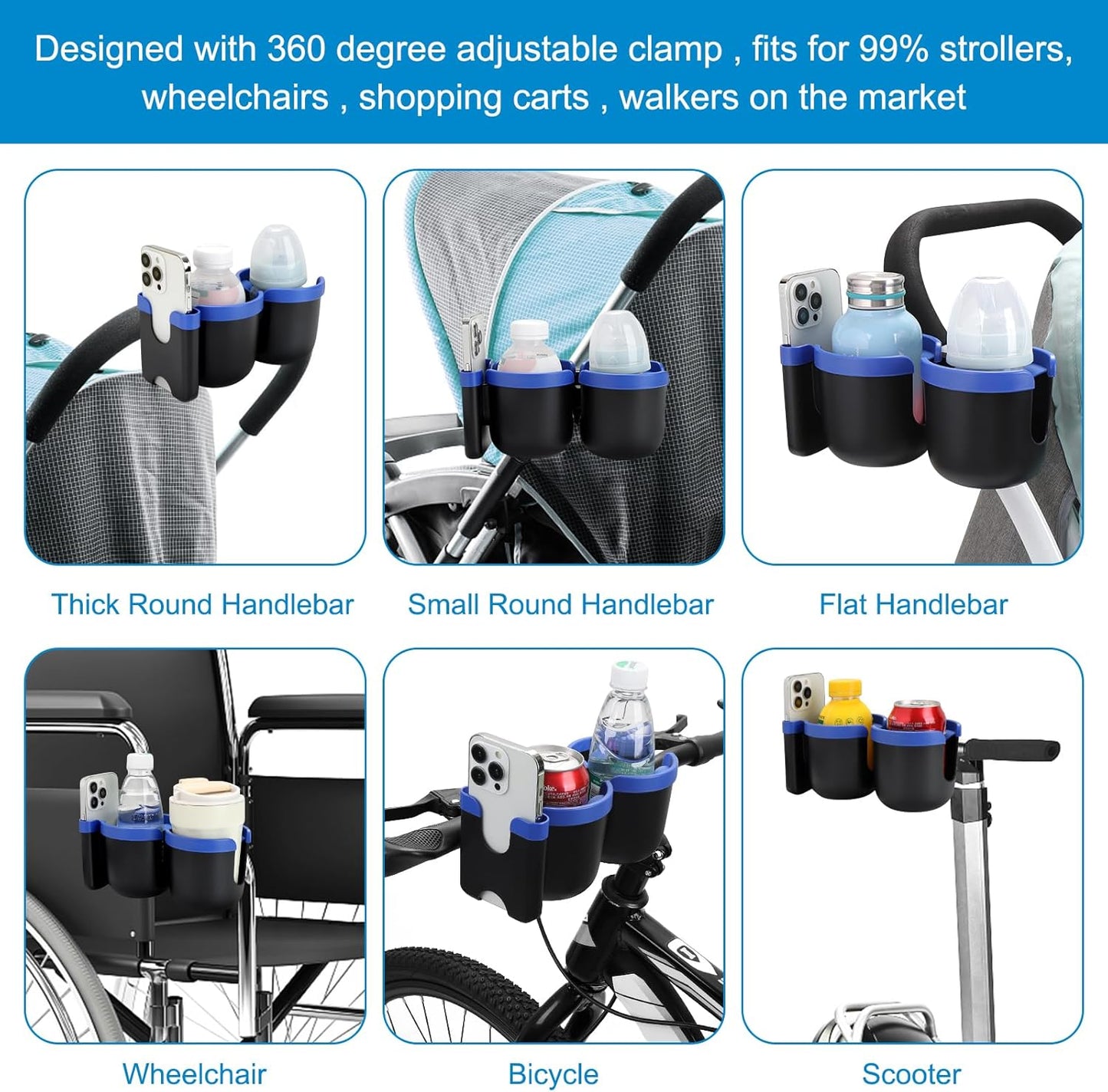 Accmor Stroller Cup Holder with Phone Holder, Bike Cup Holder, Universal Cup Holder for Uppababy Nuna Doona Strollers, 2-in-1 Cup Holder for Walker, Wheelchair, Scooter - Colors B