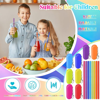 Meanplan 8 Set Cruise Ship Essentials,Silicone Straws with Case Reusable Foldable Portable Drinking Straw for Party Travel Cold or Hot with Carry Case and Cleaning Brushes (Rainbow Colors)