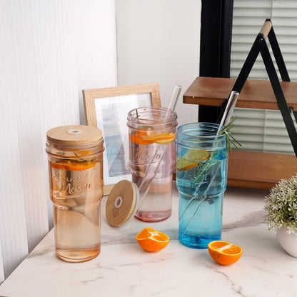 ANOTION Bamboo Mason Leakproof Mason Jar Cups with Lids and Straws, Cap Cup 24oz Glass Tumbler with Handle, Rotating Lid Silicone Straw, Reusable Iced Coffee Matcha Cup Coffee Gifts for Women 2pc