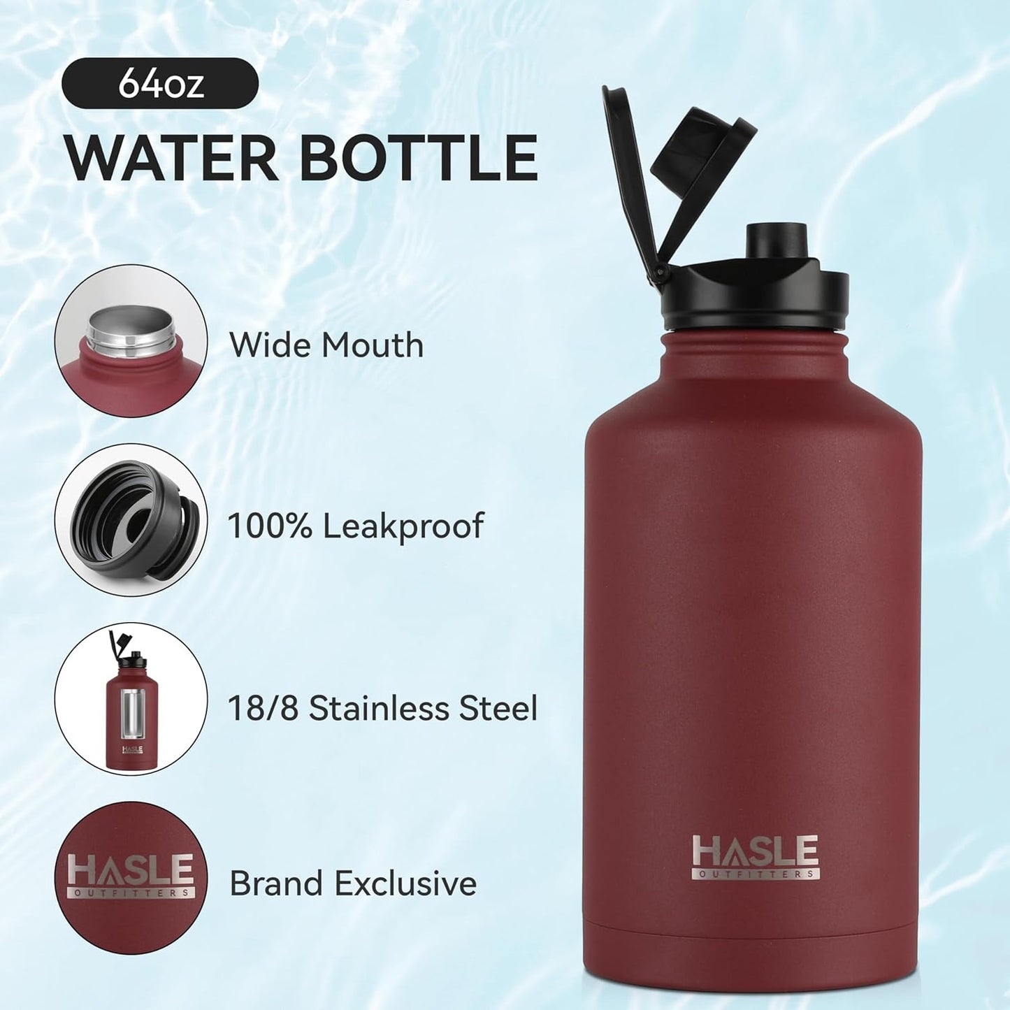 HASLE OUTFITTERS 32 oz Insulated Water Bottle Stainless Steel Double Walled Vacuum Sports Water Bottle with 2 Lids (Straw and Spout Lid) for Gym Camping Hiking(Black,1)