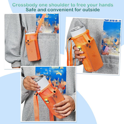 Mumufy Mesh Water Bottle Sling Holder with Adjustable Strap Crossbody Bottle Sleeve Carrier with Pouch for Outdoor Activities
