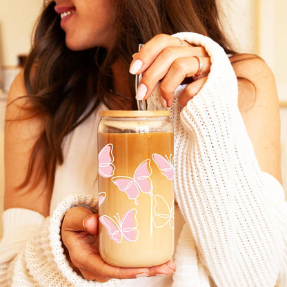 Coquette Cute Pink Bow Glass Cups with Lids and Straws, Aesthetic Iced Coffee Matcha Cup, Girly Preppy Design Tumbler Mug, Valentines Christmas Birthday Gifts for Women, Teen Girl Gifts Trendy Stuff