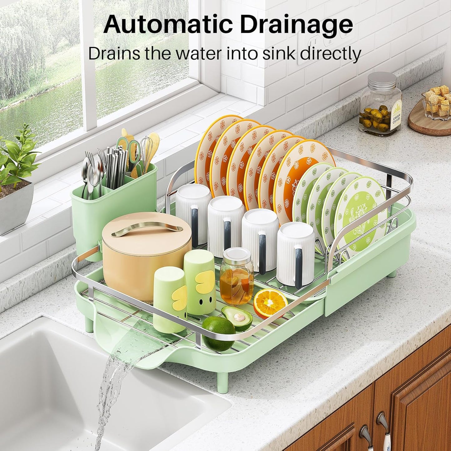 SAYZH Dish Drying Rack - Expandable Dish Rack for Kitchen Counter, Rust-Resistant Dish Drainer with Utensil Holder and Raised Guardrail, Kitchen Organizer for Cup and Bottle (Black)