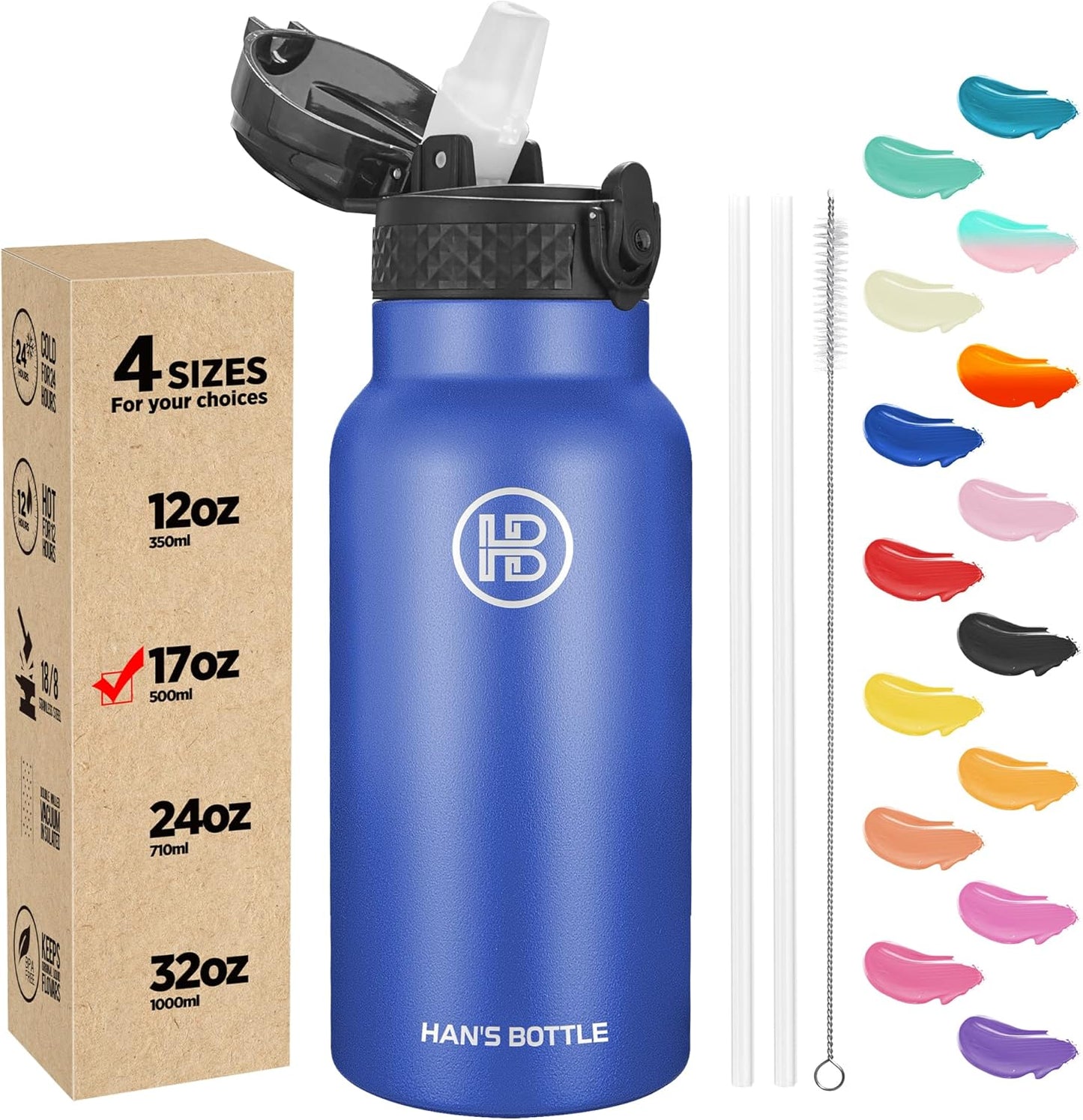 Han's Bottle Sports Water Bottle - 24 Oz, Straw Lid, Leak Proof, Vacuum Insulated Stainless Steel, Double Walled, Thermo Mug,Black