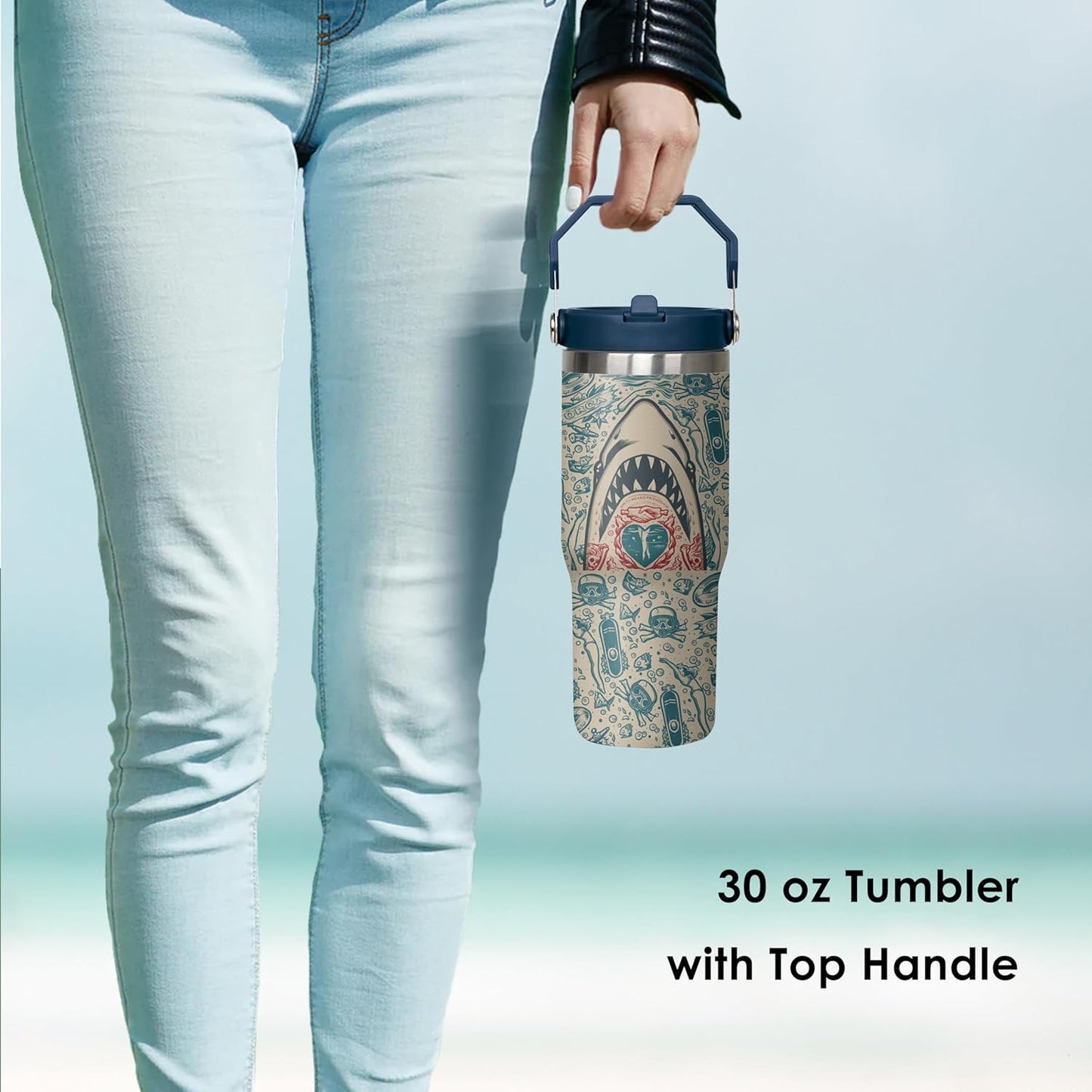 30 oz Peacock Blue Flip Straw Tumbler with Top Handle for Peacock Blue Lover Resuable Vacuum Insulated Flip Top Water bottle for Home Office Car