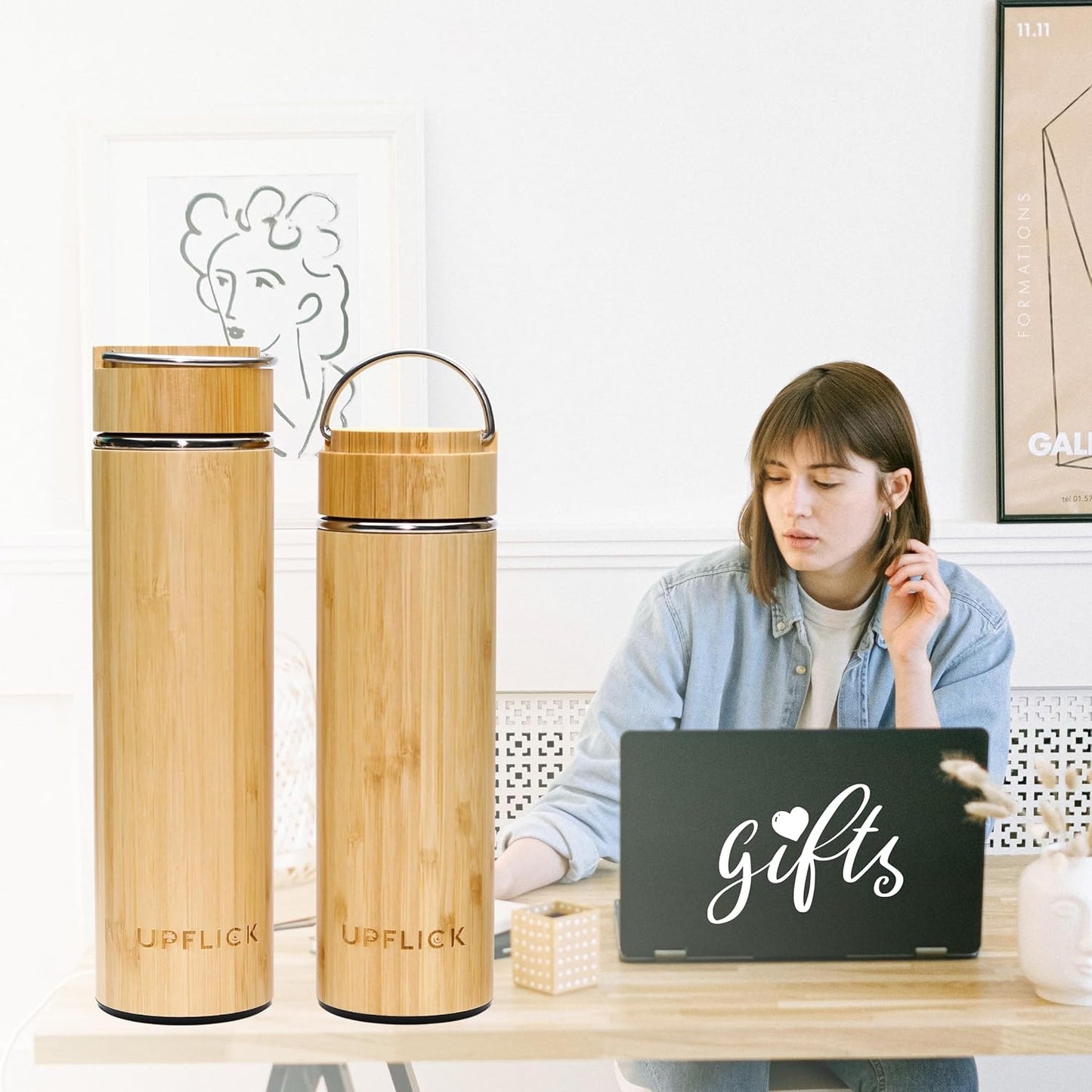 Bamboo Water Bottle Insulated Tea Tumbler for Men Birthday Gift, Women Travel Tea Set with Diffuser for Loose Tea Leaves, Stainless Steel Leak Proof Gift for Mom (15 oz)
