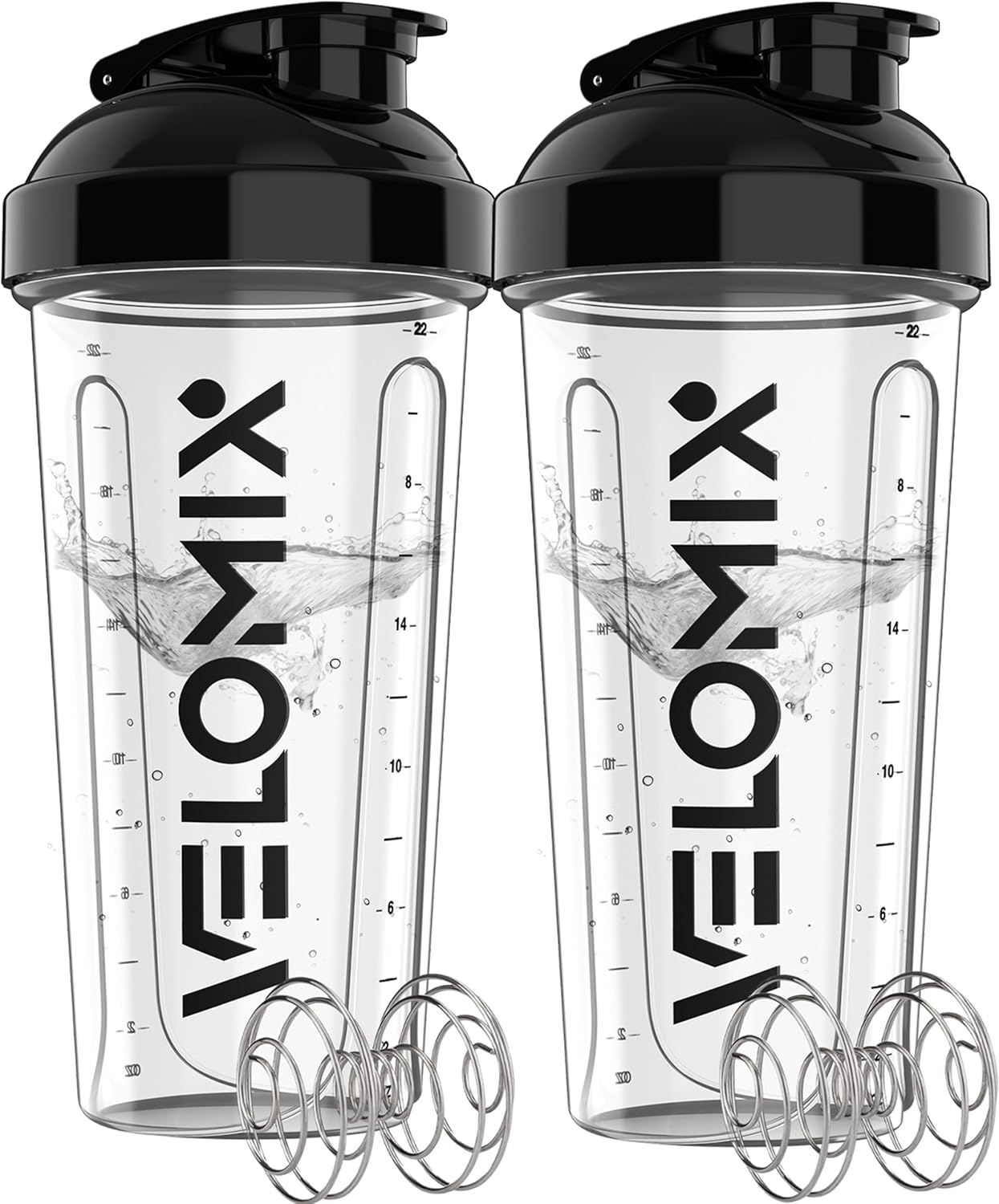 VELOMIX -2 Pack- 28 oz Protein Shaker Bottles for Protein Mixes - 2x Wire Whisk | Leak Proof Shaker Cups for Protein Shakes | Protein Shaker Bottle Pack (Black/Transparent)