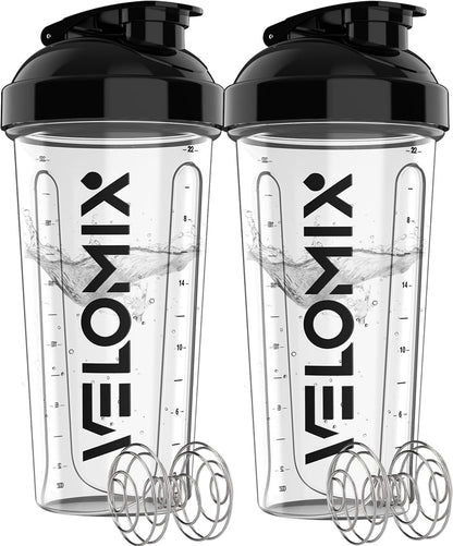 VELOMIX -2 Pack- 28 oz Protein Shaker Bottles for Protein Mixes - 2x Wire Whisk | Leak Proof Shaker Cups for Protein Shakes | Protein Shaker Bottle Pack (Black/Transparent)