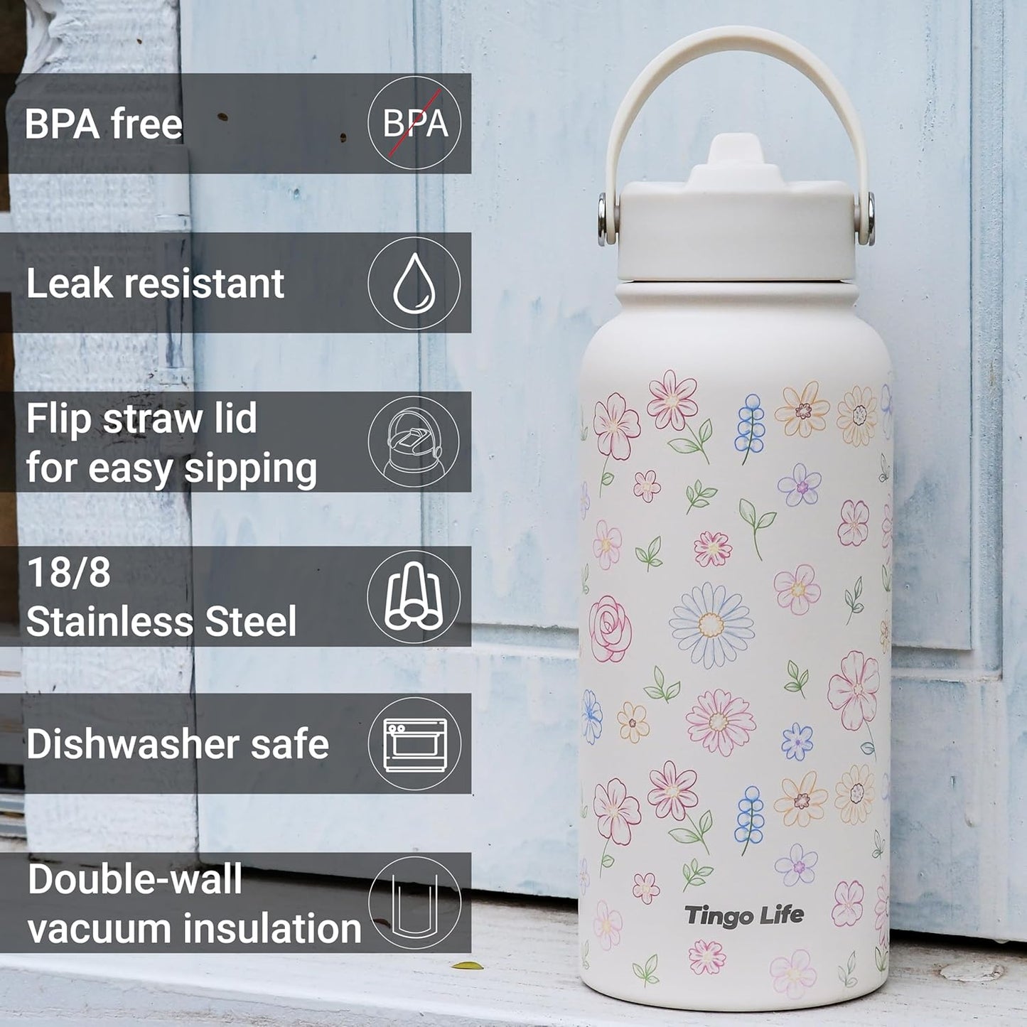 25oz Insulated Stainless Steel Aesthetic Cute Water Bottle - 2 Lids Included (Straw + Sport Handle), Leakproof BPA-Free, Dreamy Cream Cute Floral Design, Perfect Gym/Yoga/Office Companion