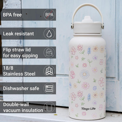 25oz Insulated Stainless Steel Aesthetic Cute Water Bottle - 2 Lids Included (Straw + Sport Handle), Leakproof BPA-Free, Dreamy Cream Cute Floral Design, Perfect Gym/Yoga/Office Companion