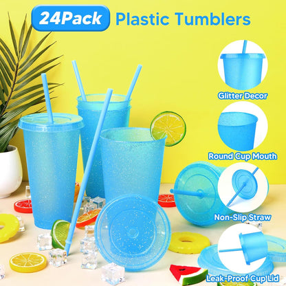 24 Pack Plastic Tumblers with Lids and Straw, Reusable Cups with Lids and Straws Colorful Cups for Cold Drink Iced Coffee, Plastic Tumbler Bulk for Party Birthday Gifts (24 oz, Stylish Colors)