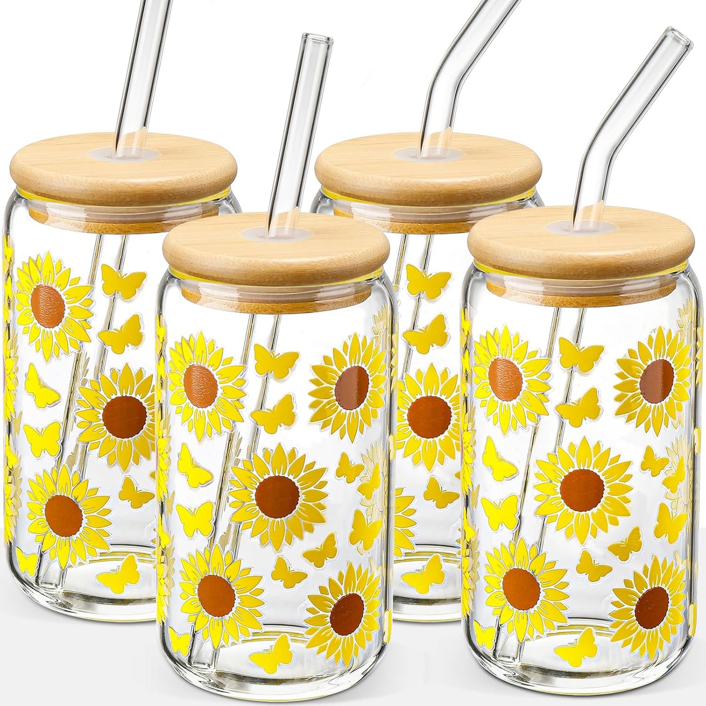 DWTS DANWEITESI Glass Cups with Lids and Straws 4 pcs,16oz Drinking Glasses Set for Coffee Bar Accessories,Iced Coffee Cups with Lids,Matcha Cup Glass Tumbler Reusable for Gifts