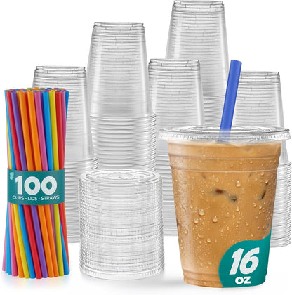 GUSTO [24 oz. - 100 Count Clear Cups with Flat Lids & Straws - Disposable Clear Drinking Cups for Iced Coffee, Cold Drinks, Milkshakes, and Smoothies - Formerly Comfy Package