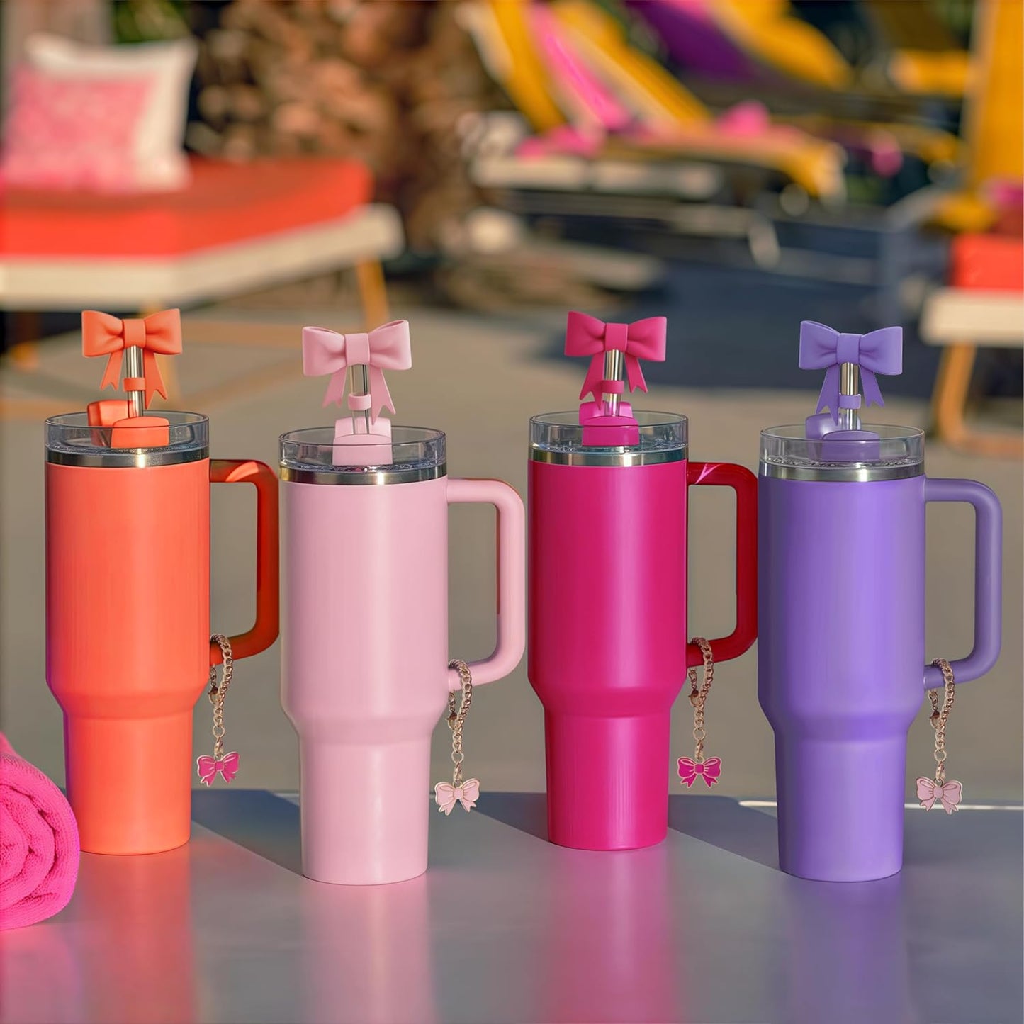 Compatible with Stanley Cup Accessories - 3Pcs 10mm Bow Straw Topper Compatible with Stanley Cup Straw Cover Cap, 2pcs Pink Bow Charms for Stanley 30&40 Oz Tumbler with Handle