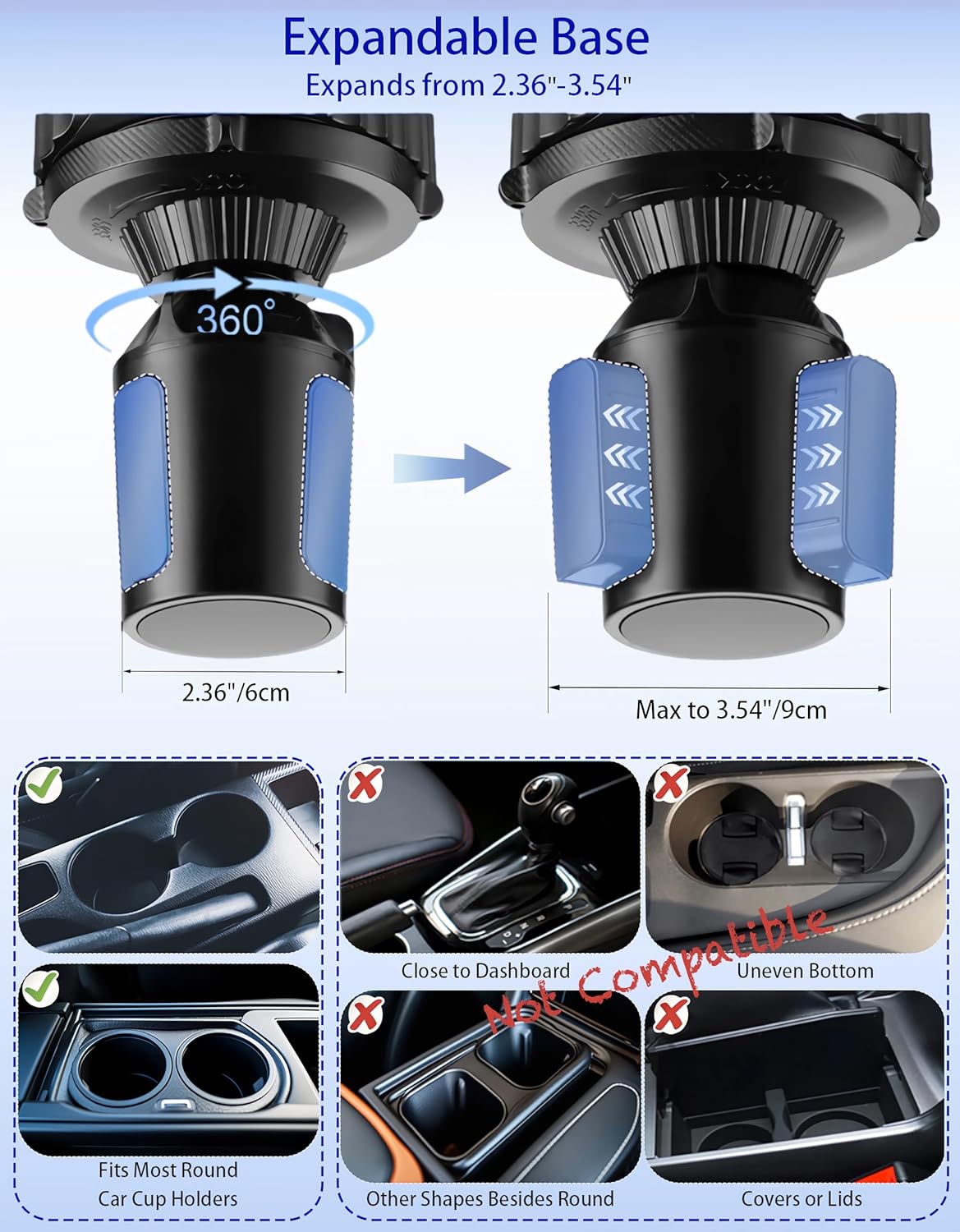 Car Cup Holder Tray - 5 in 1 Adjustable Car Cup Holder Expander with Food Tray Table and Phone Mount for All Purpose, Automotive Essentials for Driver and Front Passenger