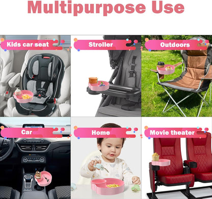[2 Packs] Kids Car Seat Tray, Travel Tray with Cup Holder for Toddler Baby, Kids Car Seat Food Snack Organizer for Road Trip, Stroller snack, travel must haves - Pink