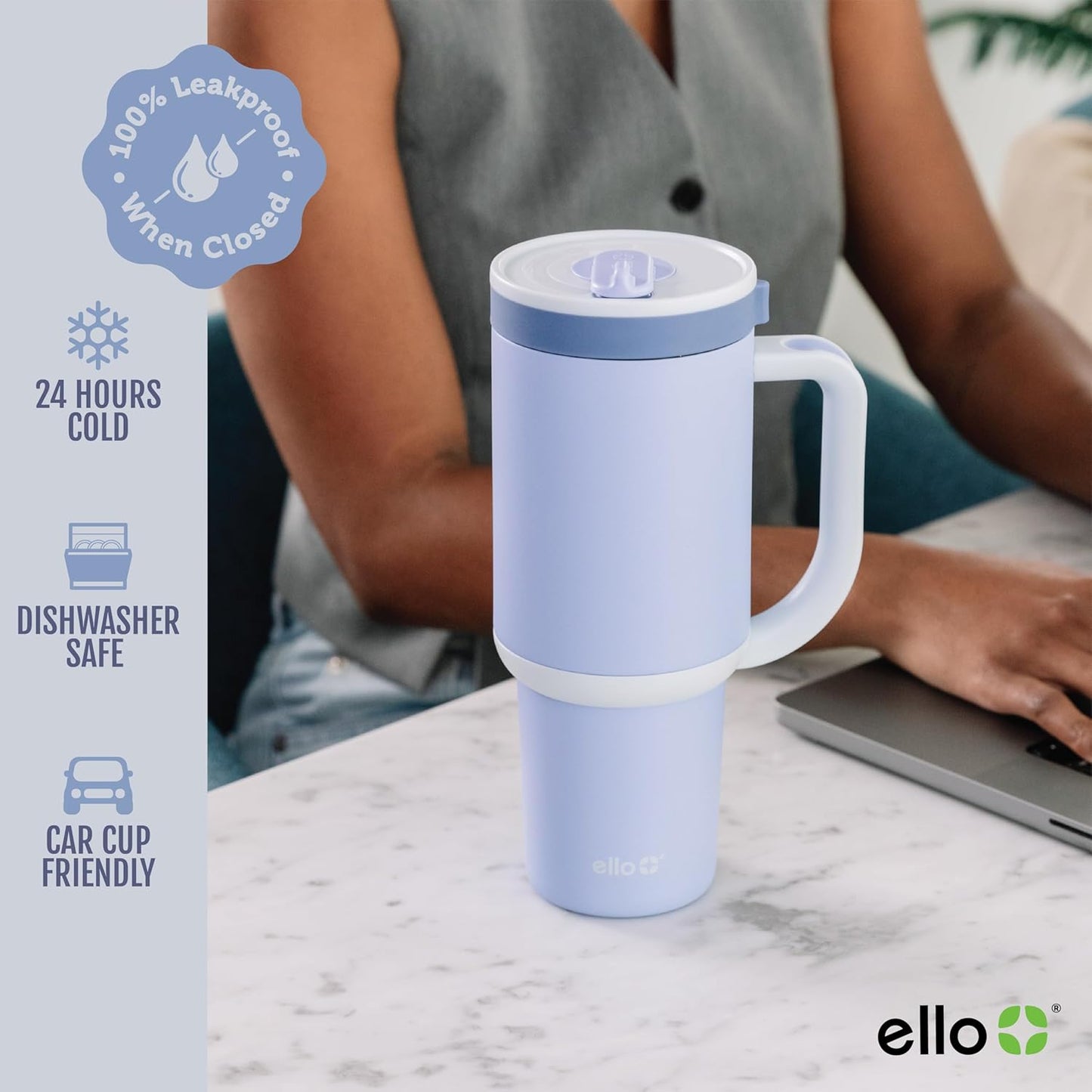 Ello Oasis 40 oz Tumbler with Handle & Retracting Straw | Reusable Insulated Stainless Steel Cup 100% Leakproof, Gifts for Teens Women Men | Keeps cold for 24 Hours, Cup Holder Friendly, Daisies