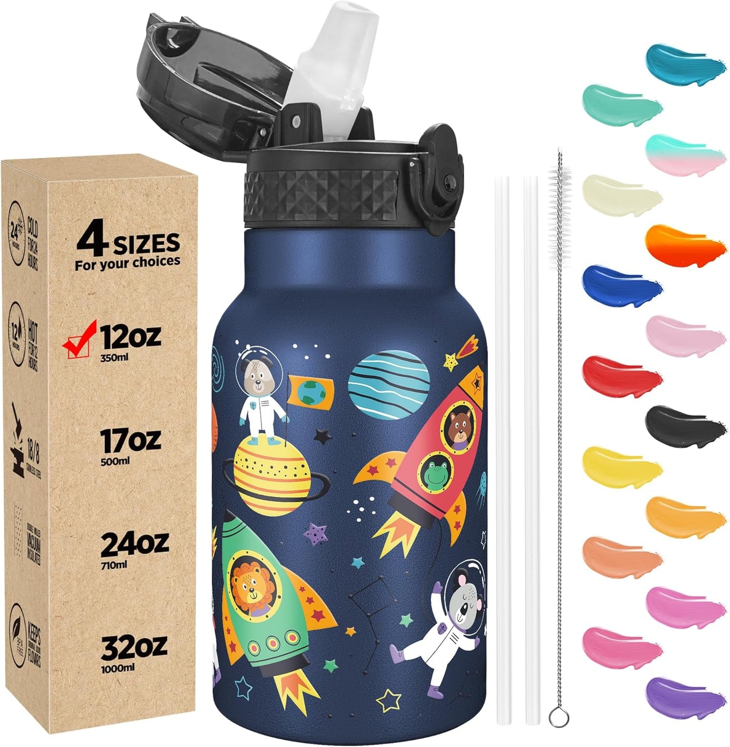 Han's Bottle Sports Water Bottle - 24 Oz, Straw Lid, Leak Proof, Vacuum Insulated Stainless Steel, Double Walled, Thermo Mug,Black