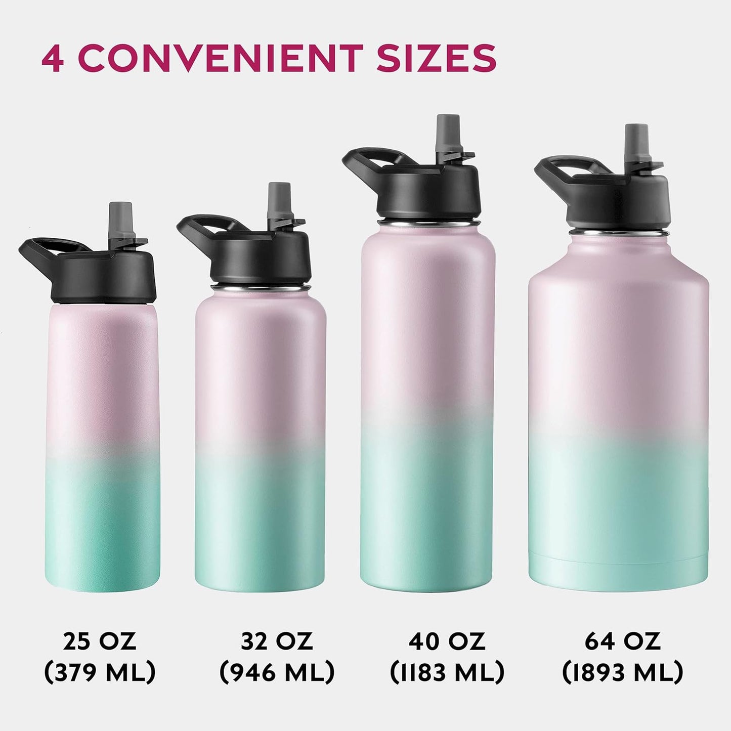 FineDine Water Bottle - Stainless Steel Insulated Water Bottle with Straw Lid, Flip Lid & Wide-Mouth Cap - Keeps Hot and Cold - 25 Oz / 739ml - Dreamy Purple