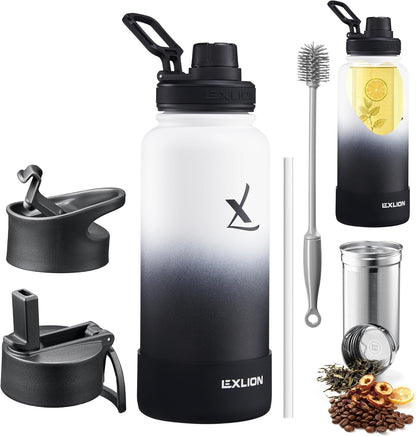 Lexlion Tea Infuser Water Bottle 32 Oz – Triple Wall Insulated Stainless Steel, Loose Leaf & Fruit Strainer, 3 Leakproof Lids, BPA-Free Silicone Sleeve, Reusable Thermal Mug