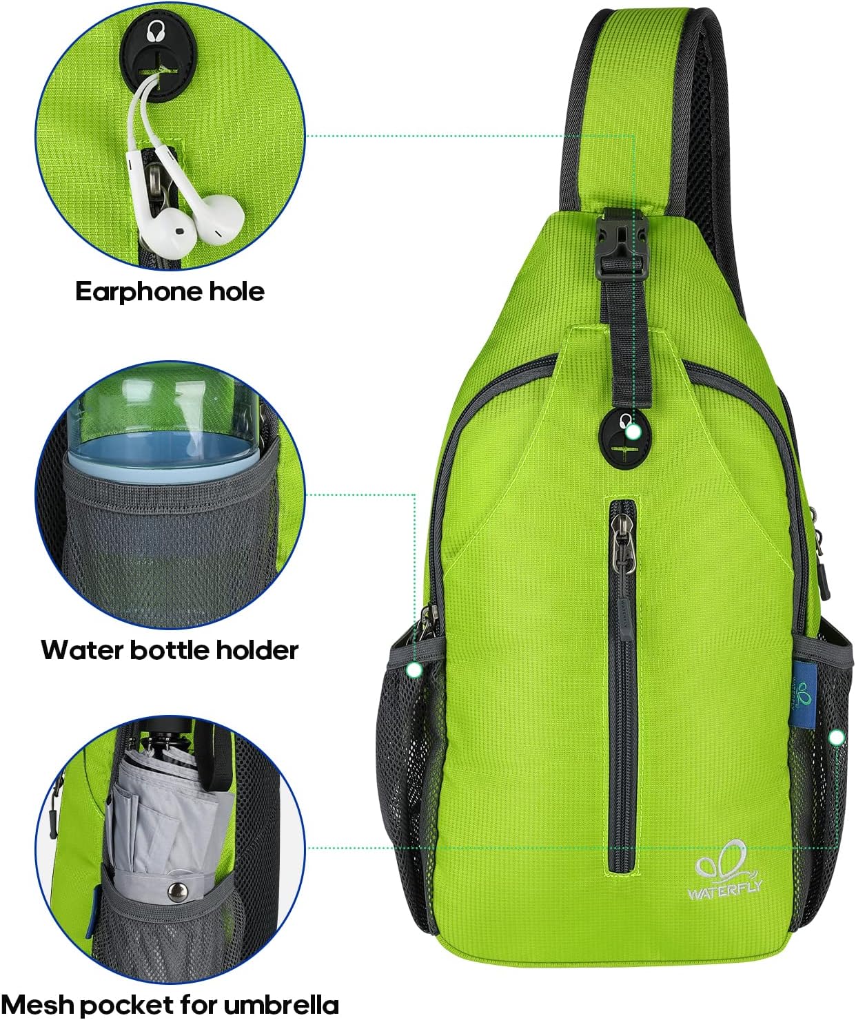 WATERFLY Crossbody Sling Backpack Sling Bag Travel Hiking Chest Bag Daypack (Black)