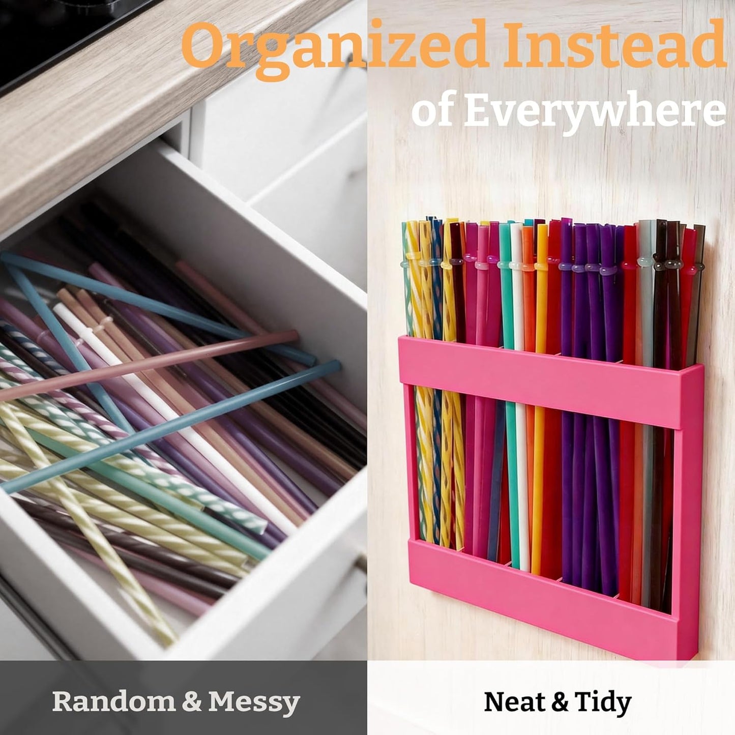 9.5” Large Acrylic Straw Holder for Cabinet Door with Detachable Ultra Sticky Adhesive Squares and Stickers, 2026 Reusable Straws Organizer Storage Dispenser for Kitchen Counter Cupboard
