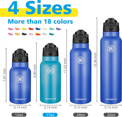 Han's Bottle Sports Water Bottle - 24 Oz, Straw Lid, Leak Proof, Vacuum Insulated Stainless Steel, Double Walled, Thermo Mug,Black