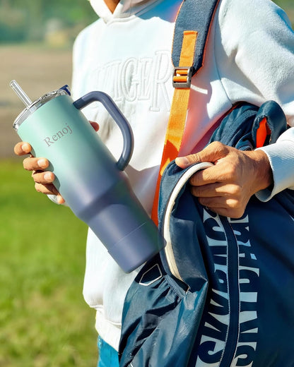Renoj Insulated Mug 100% Leak Proof Insulated Water Bottle for Iced Coffee & Hot Drinks - Fits Car Cup Holder, Ideal Gift, 2 Straws & Silicone Boot - SnapShift Pink 32 oz
