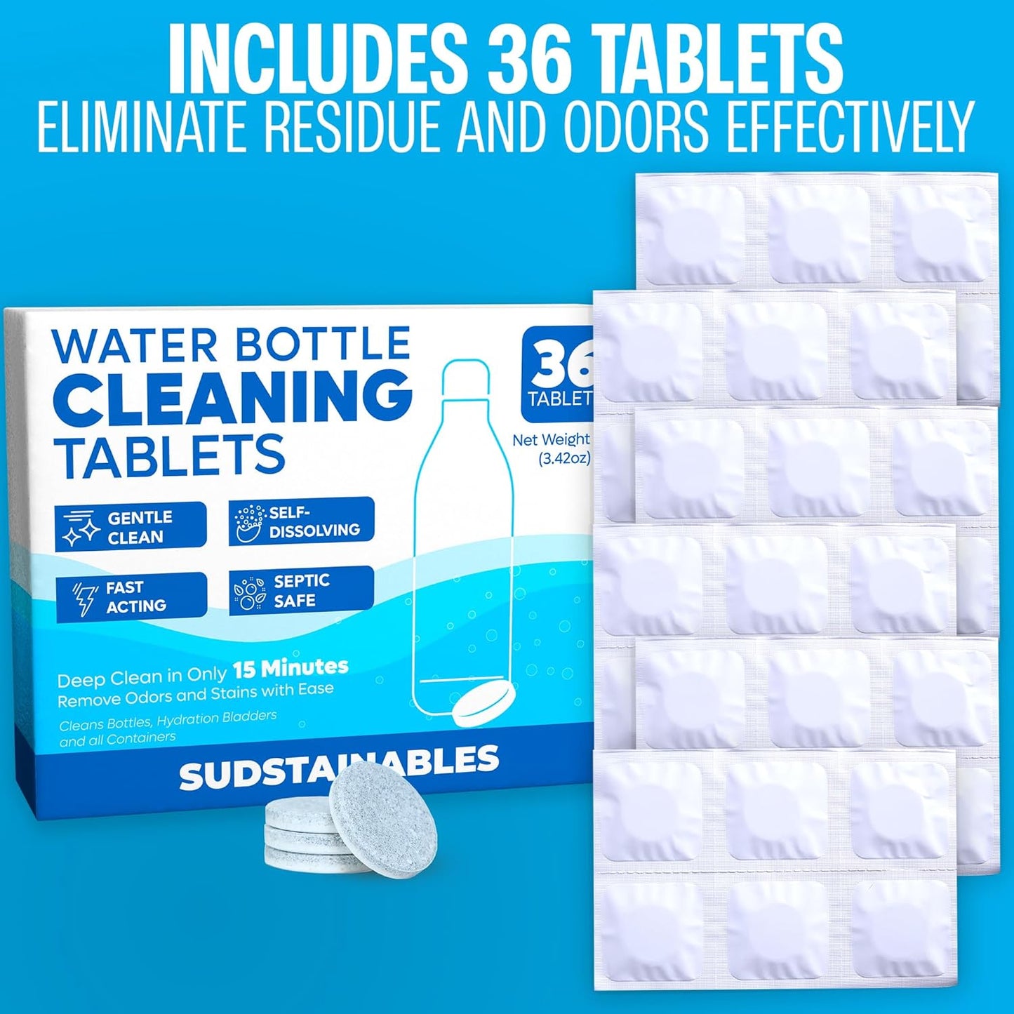 Sudstainables Water Bottle Cleaning Tablets – 36-Pack | Chlorine-Free & Odor-Control Formula | Water Bottle Cleaner, Flasks, Hydration Packs & Travel Mugs | Washer Tablets for Home, Hiking & Camping