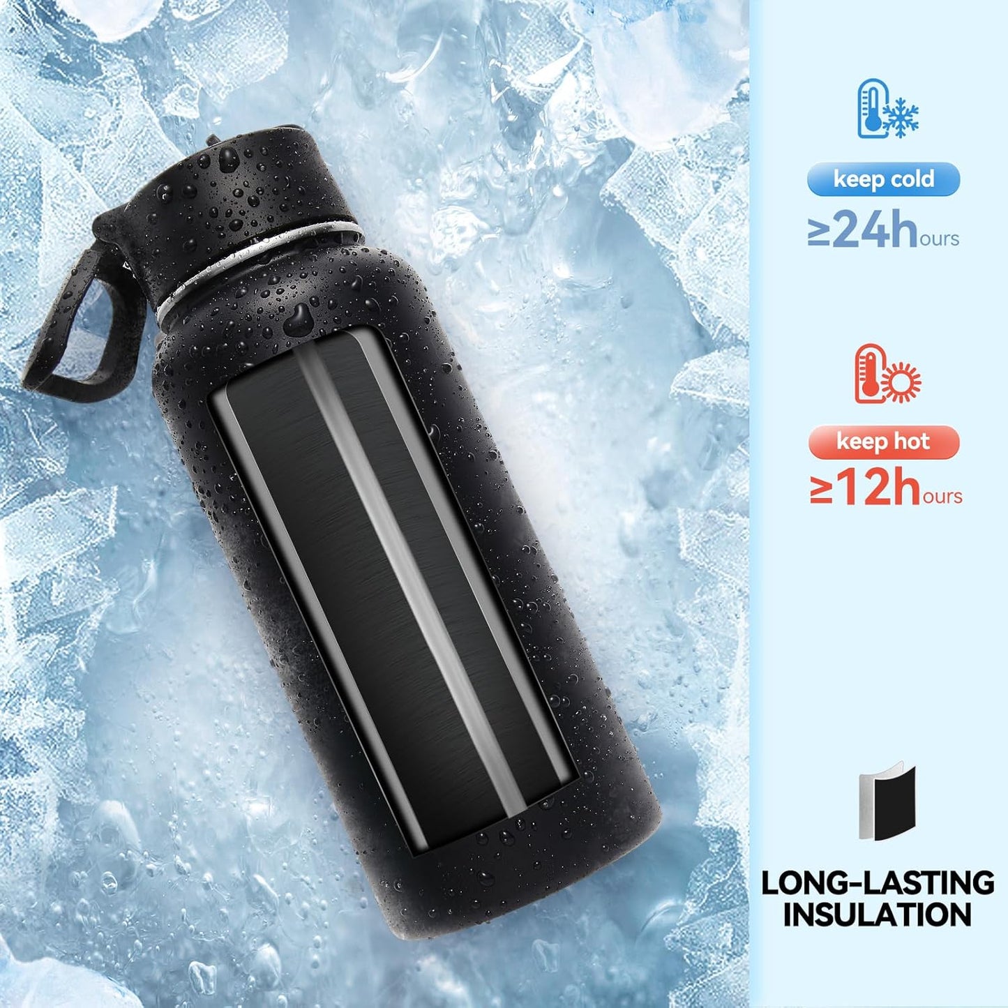 Neihepal 32 oz Insulated Water Bottle with 2 Lids (Straw & Spout Lid), 18/8 Stainless Steel Double Wall Water Bottles for Gym, Travel, Camping, Sports (Silver,1 Pack)