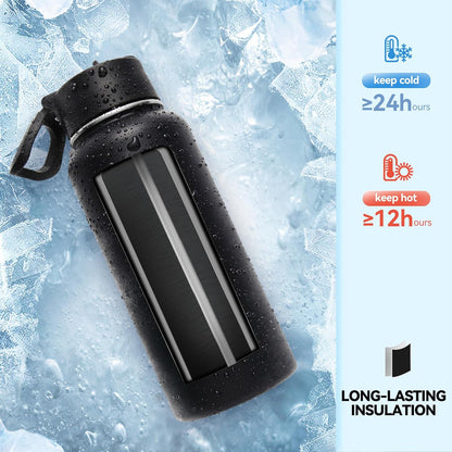 Neihepal 32 oz Insulated Water Bottle with 2 Lids (Straw & Spout Lid), 18/8 Stainless Steel Double Wall Water Bottles for Gym, Travel, Camping, Sports (Silver,1 Pack)