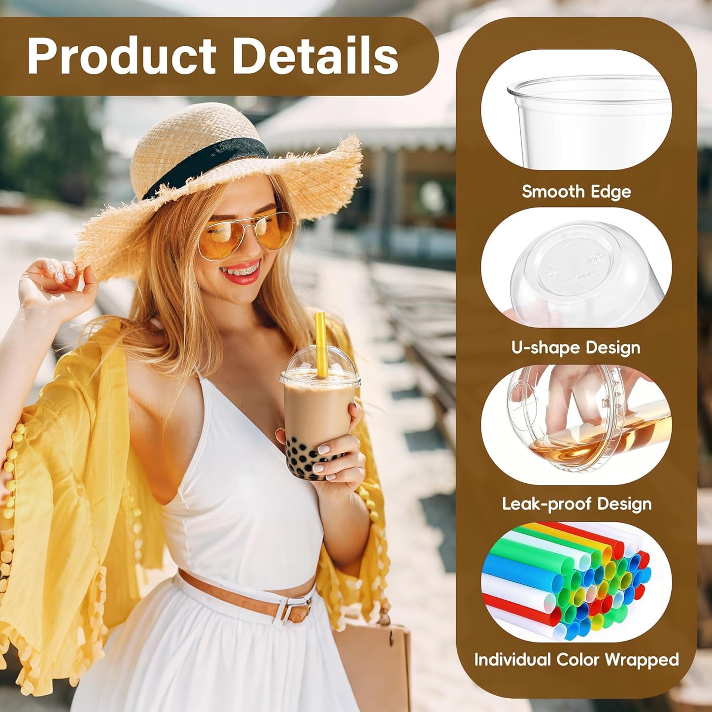 KesaPlan 50 Pack 16oz Clear Plastic Cups with Lids & Colorful Wide Straws, Disposable Smoothie Cup, Round Bottom To Go Drinking Cup for Bubble Tea, Iced Coffee, Milkshakes, Party Picnic Supply