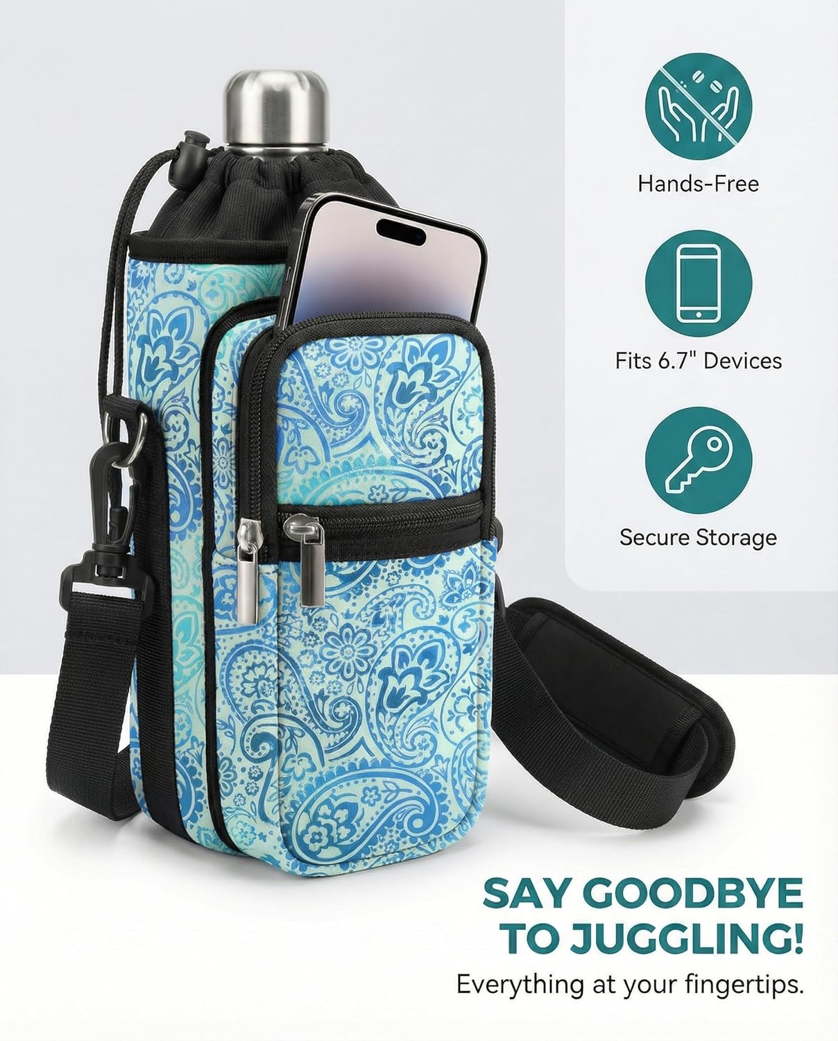 AUPET Water Bottle Sling Bag Sleeve Holder Carrier 25/32/40/64 oz,Insulated Crossbody Water Bottle Case Cover with Strap and Pockets for Men/Women Walking Hiking
