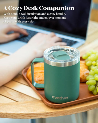 12oz Insulated Coffee Mug with Lid – Includes Two Lids, Stainless Steel Coffee Travel Mug with Handle, Double Wall Vacuum Insulated Camping Mug for Home, Office & Outdoor, Navy Blue