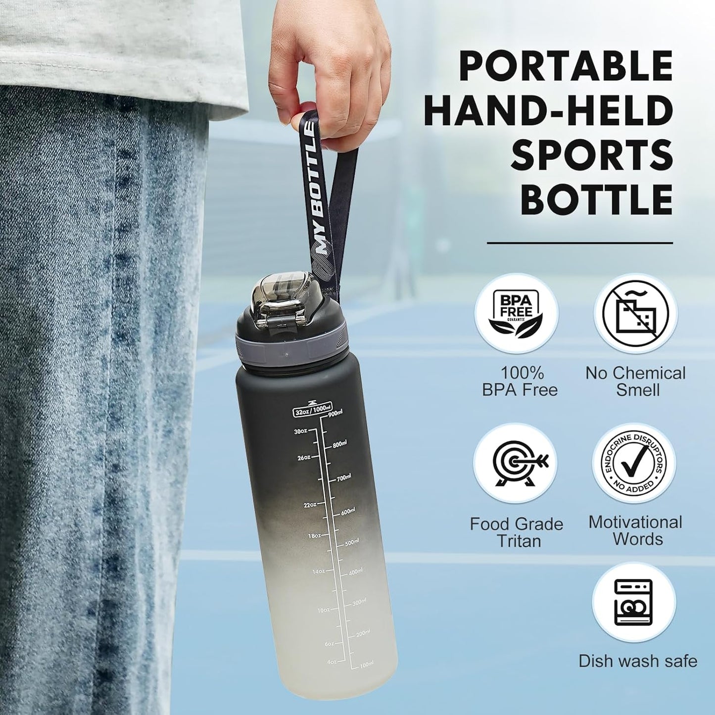 Water Bottle with Straw 1L,Boys Water Bottles with Straw 1 Litre,Waterbottle Leak-Proof Sports Water Bottle,Plastic Drinks Bottles Toxin Free，Bpa-Free (Cyan Black)