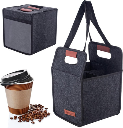 Foyego 4 Cup Drink Carrier with Handle, Reusable Insulated Drink Caddy Drink Holder for Car, Folding Portable Coffee Cup Holder Bag for Travel and Delivery