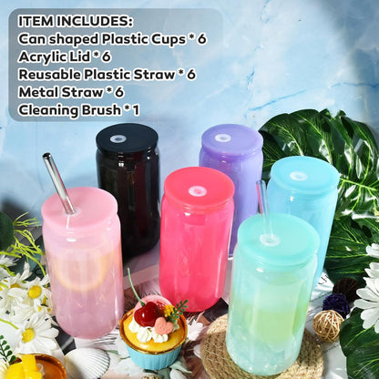 16oz Plastic Mason Jars, 6Pack Clear Mason Drinking Acrylic Cups with Lids and Stainless Steel Straws Iced Coffee Cups Shatterproof Unbreakable Tumblers for Smoothies, Beer, Coffee, Milk Tea, Colored